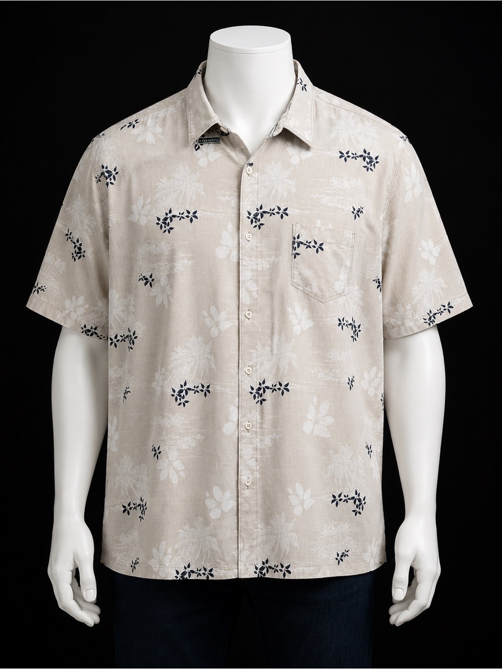 Cubavera Beige Short-Sleeve Button-Down with Navy Floral Print